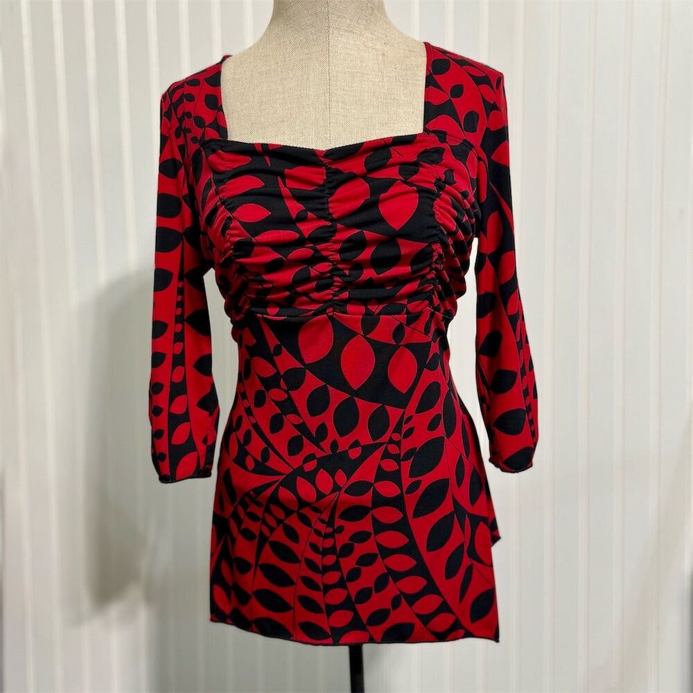Vintage Y2K Sushi Flower Top XL Red Black‎ Geometric Ruched Sharkbite Hem USA